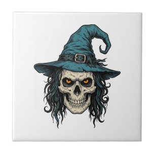 Vintage Witch Skull Halloween Vector Shirt Design_ Ceramic Tile