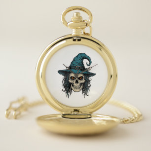 Vintage Witch Skull Halloween Vector Shirt Design_ Pocket Watch