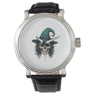 Vintage Witch Skull Halloween Vector Shirt Design_ Watch