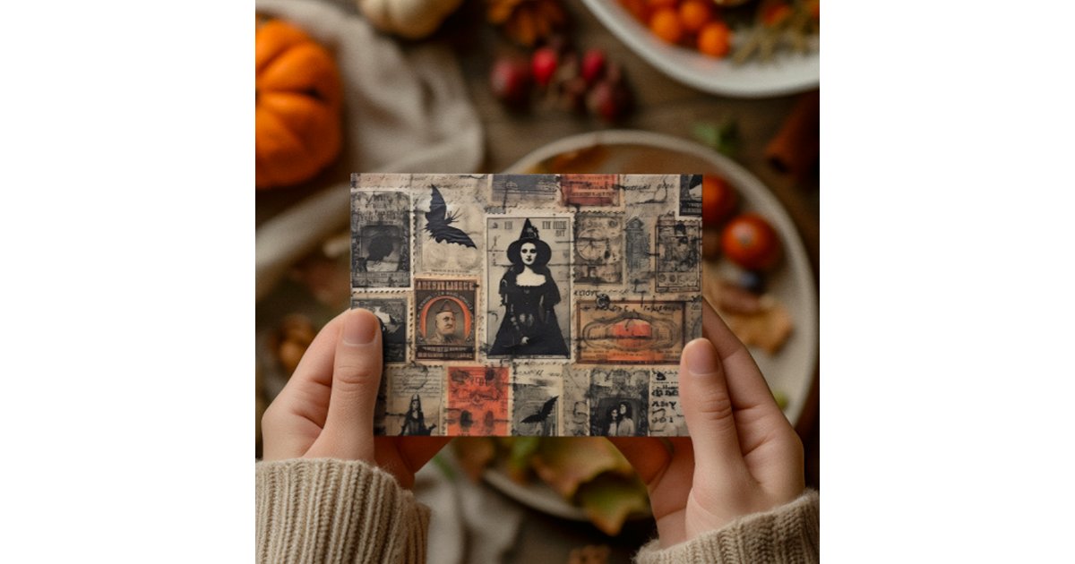 Vintage Witch Stamps Halloween Decoupage Postcard | Zazzle