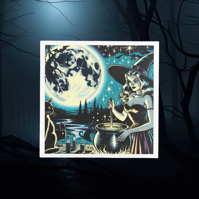 Vintage Witch stirring a Cauldron Halloween Party Napkins (Creator Uploaded)