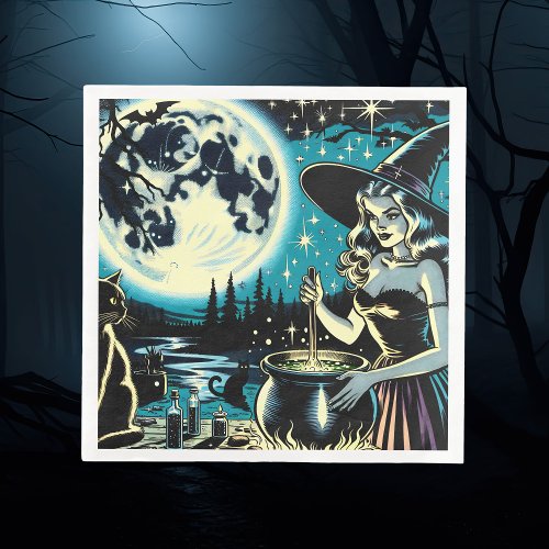 Vintage Witch stirring a Cauldron Halloween Party Paper Dinner Napkins