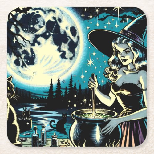 Vintage Witch stirring a Cauldron Halloween Party Square Paper Coaster