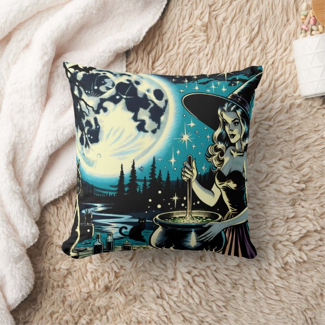 Vintage Witch stirring a Cauldron Halloween  Throw Pillow (Blanket)
