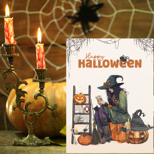 Vintage Witch Tarot Scary Pumpkin Halloween Postcard