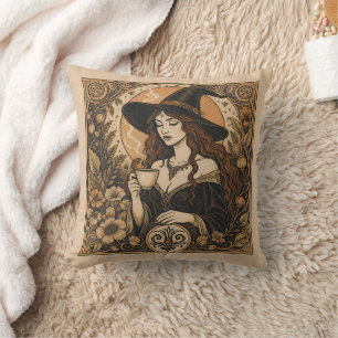 Vintage Witch Tea Time Throw Pillow