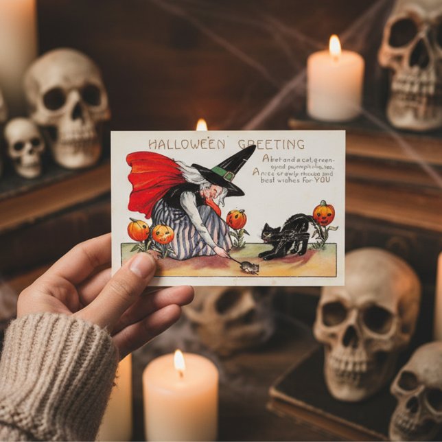 Vintage Witch Wishing Halloween With Scary Cat Postcard (Creator Uploaded)