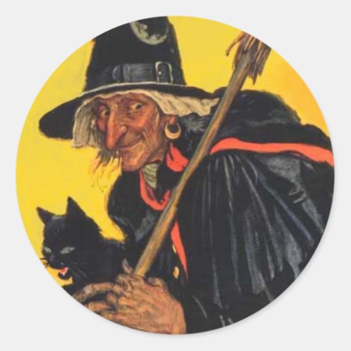 Vintage Witch with black cat Classic Round Sticker