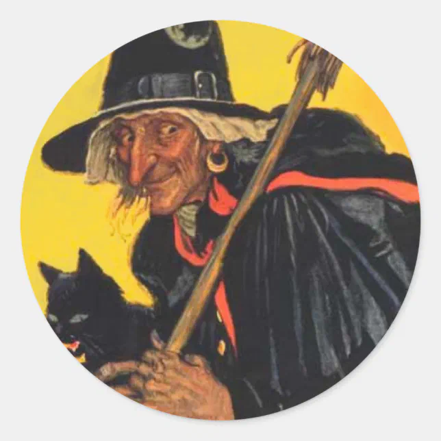 Vintage Witch with black cat Classic Round Sticker | Zazzle