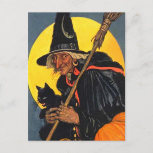 Vintage Witch with black cat Postcard