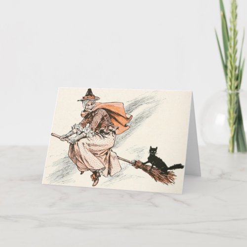 Vintage Witch with Broom and Cat Card