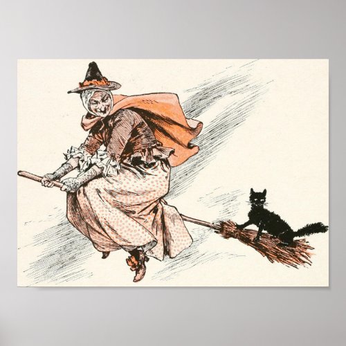 Vintage Witch with Broom and Cat Poster