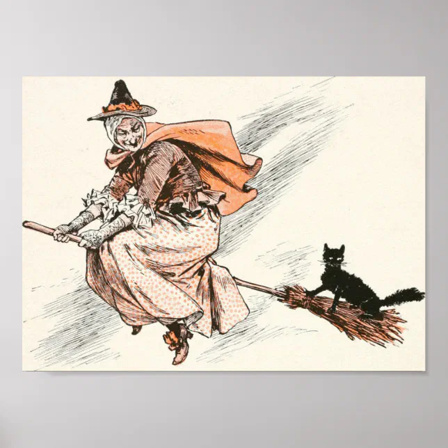 Vintage Witch with Broom and Cat Poster | Zazzle
