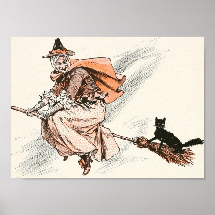 Vintage Witch With Broom And Cat Poster Zazzle Com