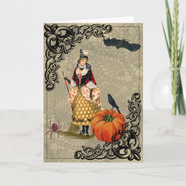 Vintage Witch with Pumpkin Collage Greeting Card (Front)