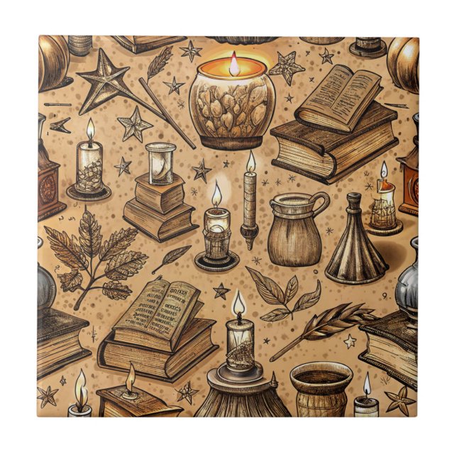Vintage Witchcraft Books & Candles Pattern (2) Ceramic Tile (Front)