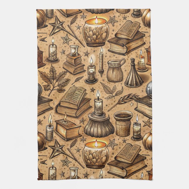 Vintage Witchcraft Books & Candles Pattern (2) Kitchen Towel (Vertical)