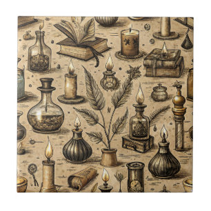 Vintage Witchcraft Books & Candles Pattern Ceramic Tile