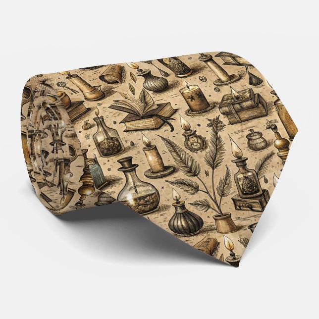 Vintage Witchcraft Books & Candles Pattern Neck Tie (Rolled)