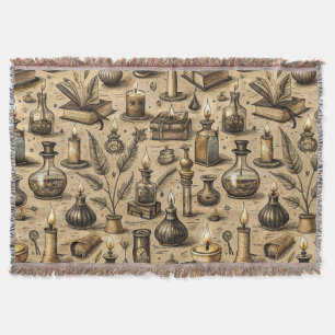 Vintage Witchcraft Books & Candles Pattern Throw Blanket