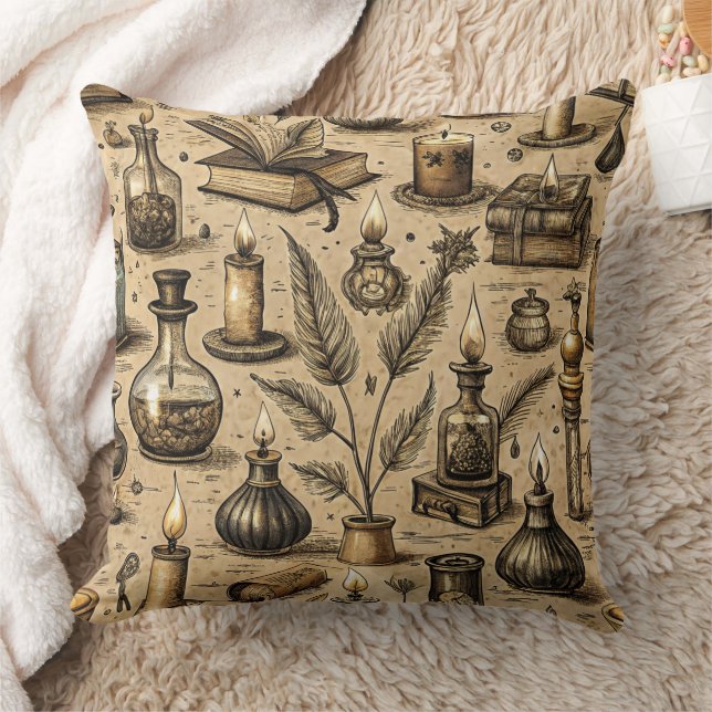 Vintage Witchcraft Books & Candles Pattern Throw Pillow (Blanket)