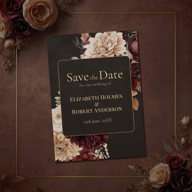 Vintage Witchy Floral Save the Date Invitation (Vintage Witchy Floral Save the Date Invitation on a brown vintage wedding table with flowers.)
