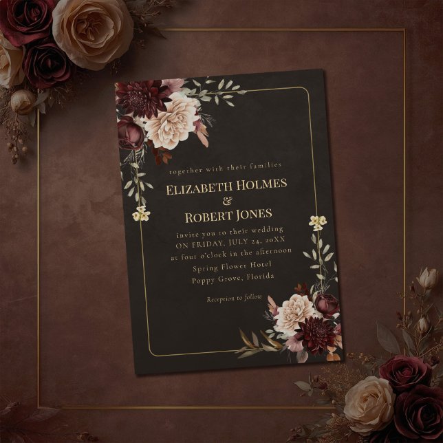 Vintage Witchy Floral Wedding Invitation (Vintage Witchy Floral Wedding Invitation on a brown vintage wedding table with flowers.)