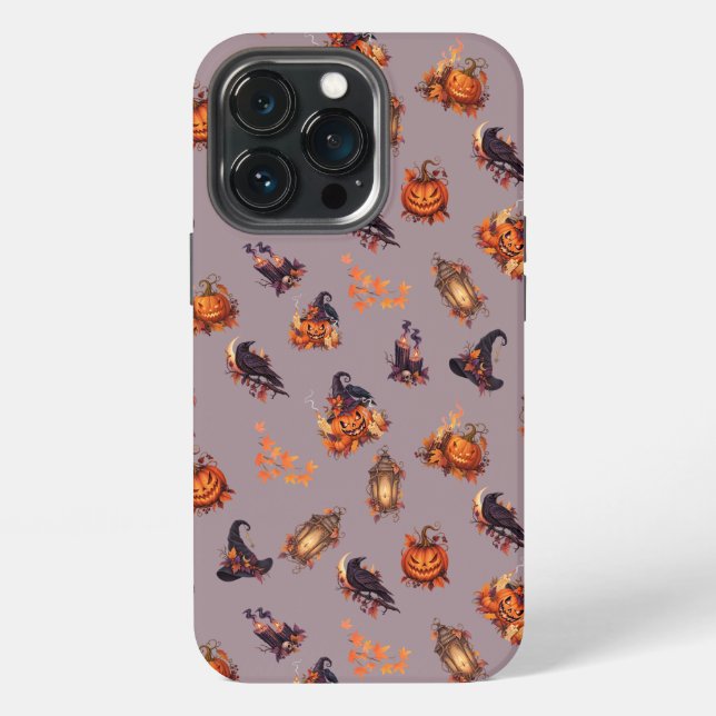 Vintage Witchy Halloween Pumpkins & Ravens Pattern Iphone Case (Back)