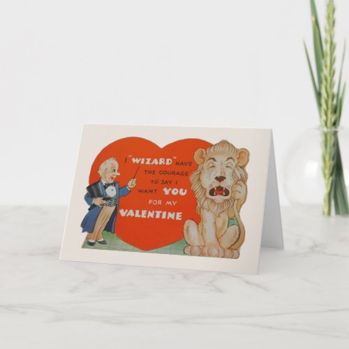 Vintage Wizard and Cowardly Lion Valentine Holiday Card