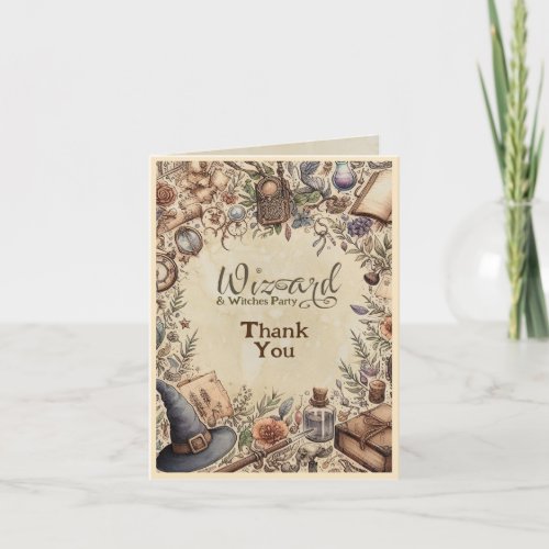 Vintage Wizard Witches Party Magical Wands Hats Card