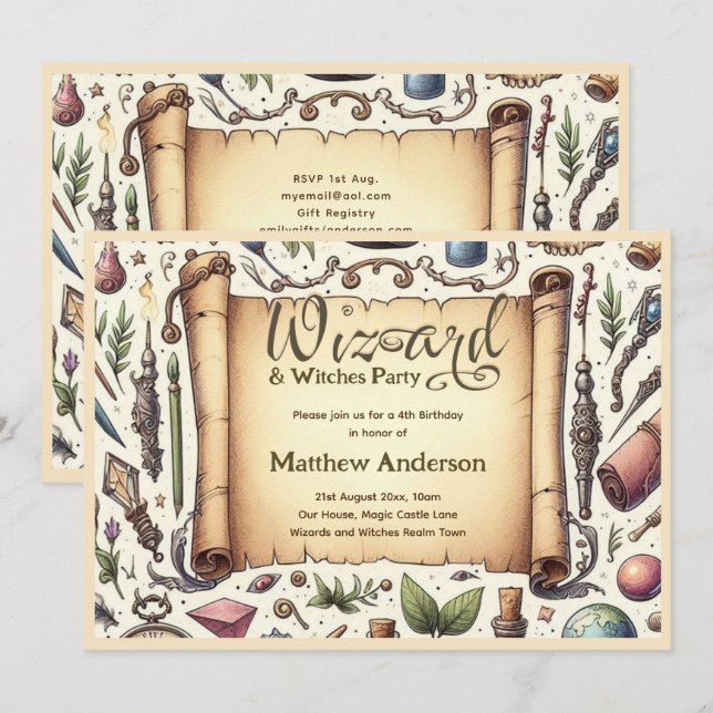 Vintage Wizard Witches Party Magical Wands Hats Invitation (Front/Back)