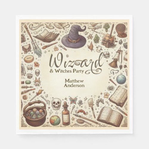 Vintage Wizard Witches Party Magical Wands Hats Napkins