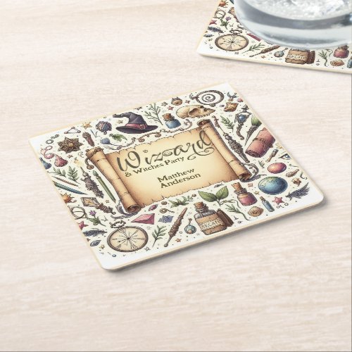 Vintage Wizard Witches Party Magical Wands Hats Square Paper Coaster