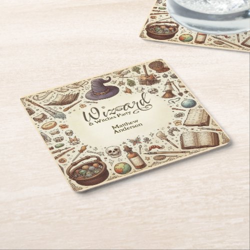 Vintage Wizard Witches Party Magical Wands Hats Square Paper Coaster