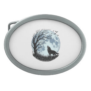 Vintage Wolf Howling Moon Tree Silhouette Design_1 Belt Buckle