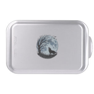 Vintage Wolf Howling Moon Tree Silhouette Design_1 Cake Pan