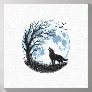 Vintage Wolf Howling Moon Tree Silhouette Design_1 Canvas Photo Tile