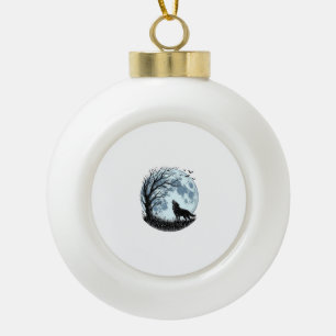 Vintage Wolf Howling Moon Tree Silhouette Design_1 Ceramic Ball Christmas Ornament