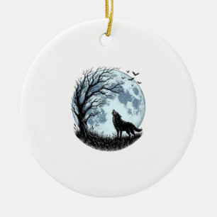 Vintage Wolf Howling Moon Tree Silhouette Design_1 Ceramic Ornament