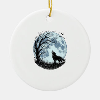 Vintage Wolf Howling Moon Tree Silhouette Design_1 Ceramic Ornament