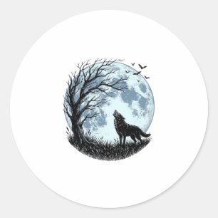 Vintage Wolf Howling Moon Tree Silhouette Design_1 Classic Round Sticker
