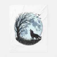 Vintage Wolf Howling Moon Tree Silhouette Design_1
