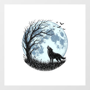 Vintage Wolf Howling Moon Tree Silhouette Design_1 Floor Decals