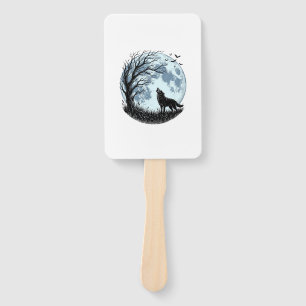 Vintage Wolf Howling Moon Tree Silhouette Design_1 Hand Fan