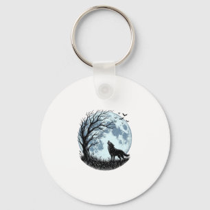 Vintage Wolf Howling Moon Tree Silhouette Design_1 Keychain