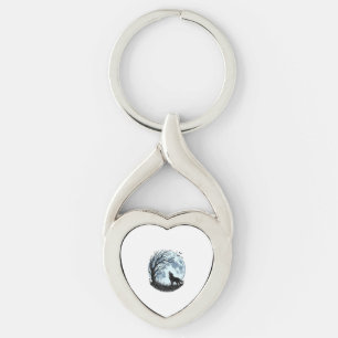 Vintage Wolf Howling Moon Tree Silhouette Design_1 Keychain