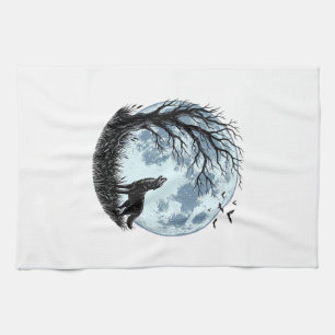 Vintage Wolf Howling Moon Tree Silhouette Design_1 Kitchen Towel