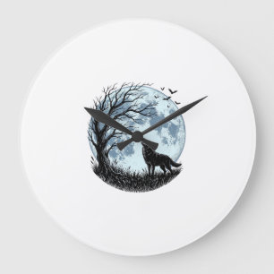 Vintage Wolf Howling Moon Tree Silhouette Design_1 Large Clock