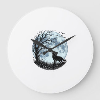 Vintage Wolf Howling Moon Tree Silhouette Design_1 Large Clock
