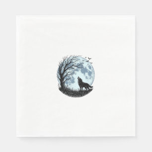 Vintage Wolf Howling Moon Tree Silhouette Design_1 Napkins